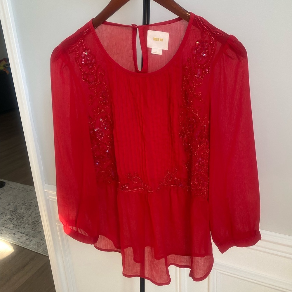 Maeve by Anthropologie Embroidered Red 3/4 Sleeve Sheer Blouse